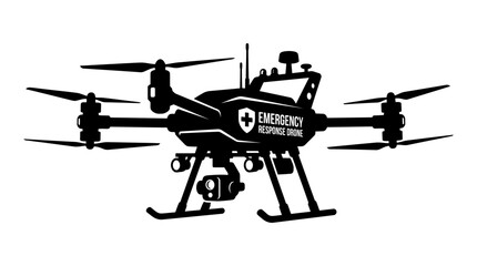 Detailed black silhouette of an advanced emergency response drone, equipped with a camera and signaling 'EMERGENCY RESPONSE DRONE', highlighting its use in critical situations.