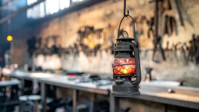 A hanging lantern glows in a blacksmith's workshop, tools blurred in background