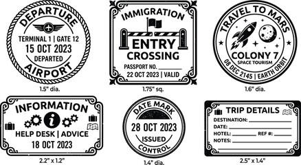Obraz premium Collection of travel-themed rubber stamps including airport departure, immigration, travel to Mars, information, date mark, and trip details designs