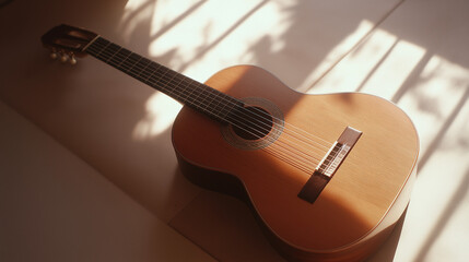 Fototapeta premium Single acoustic guitar on white background, wooden texture detail, soft overhead light, minimal musical instrument composition 