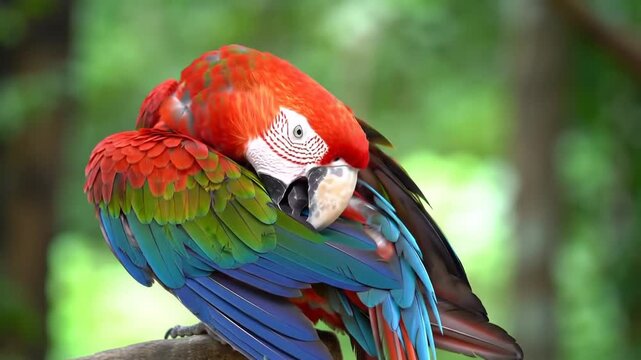 Colorful Parrot Preening Feathers in Forest.