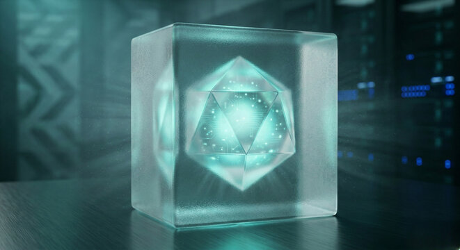 Glowing geometric prism encased in frosted glass representing secure data enclave
