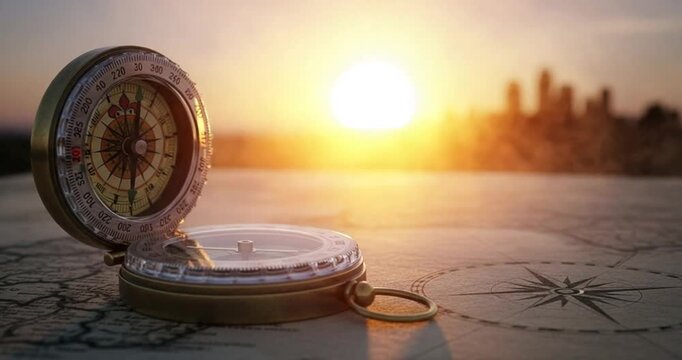 Compass on map at sunset city.