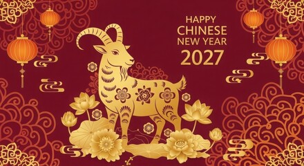 Naklejka premium Happy chinese new year 2027 with goat and lanterns illustration