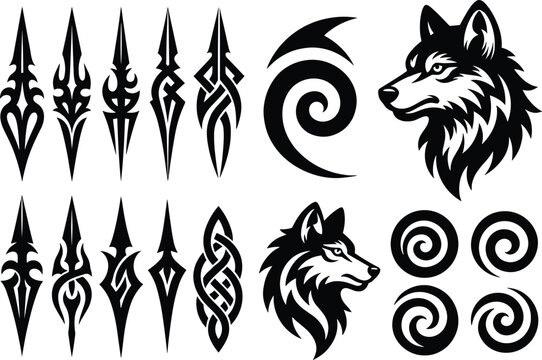 Tribal tattoo illustration set, wolf head artwork, spiral motif vector design, symmetrical pattern graphic icon, black white tribal symbol