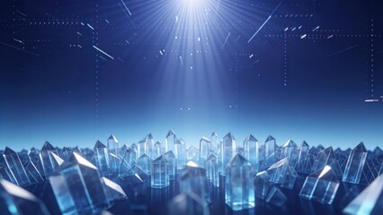 Futuristic Crystal Landscape With Digital Light Rays Abstract 3D Background For Technology And Innovation Concepts Blue SciFi Environment With Glowing Particles And Geometric