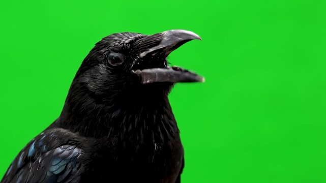 A thirsty crow opening its beak wide, isolated on a green screen digital asset, movement, visual effects