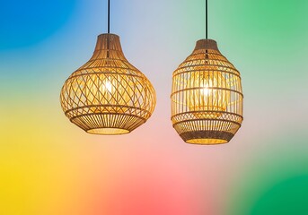 Fototapeta premium Two wicker pendant lights hanging against a colorful gradient background