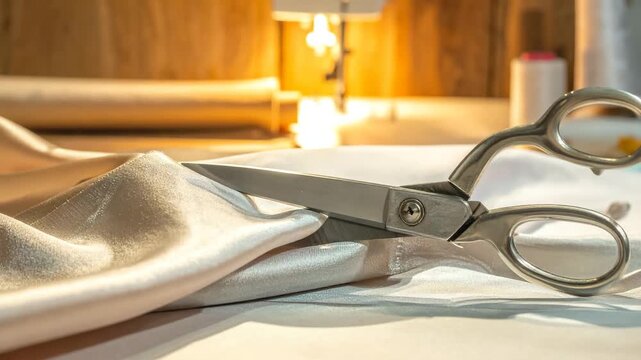 Scissors cutting fabric, sewing machine background, warm tones