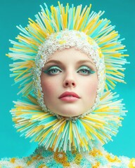 Naklejka premium Creative Fashion Portrait of Model with Intricate Yellow and Blue Straw Headpiece and Collar