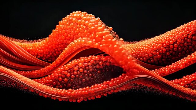 Abstract, flowing red forms with textures against black