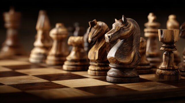 Precisely Carved Wooden Chess Pieces with Knights in Focus on a Textured Board