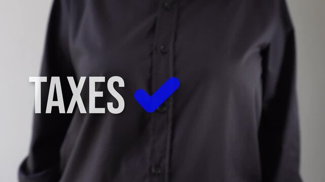 Businessperson pointing to an animated version of the word "Taxes" with a blue check mark. Taxes paid.