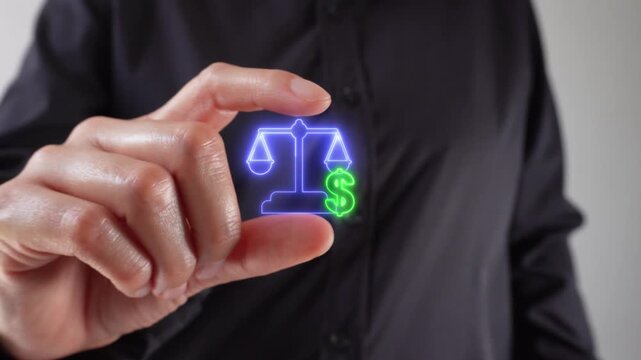 Close-up of a woman's hands holding a virtual scale icon and a dollar sign between her two fingers.