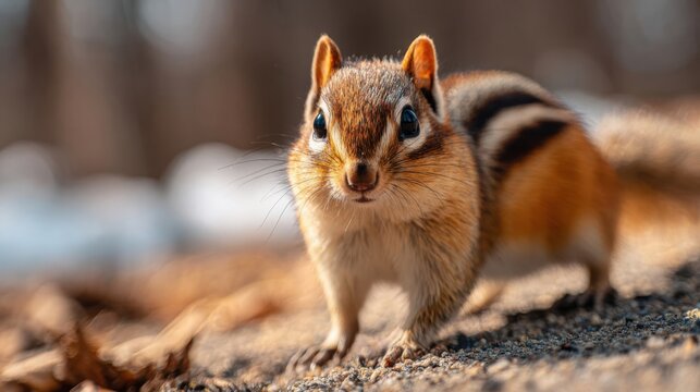 Adorable chipmunk with bulging cheeks gathered food outdoors in soft sunlight