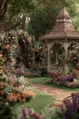 Fototapeta premium Spring season, garden, flower, fresh, life. A gazebo in the middle of a lush garden, surrounded by vibrant flowers, lush green grass, and tall trees. The garden is filled with a variety of colors.
