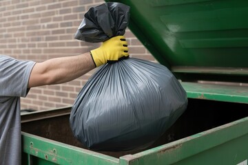 Worker throw trash bag into dumpster container. Waste disposal act