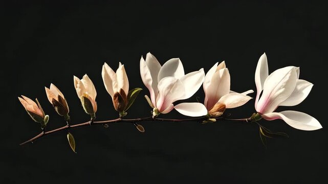 Delicate magnolia blossoms on a branch against a dark, dramatic backdrop