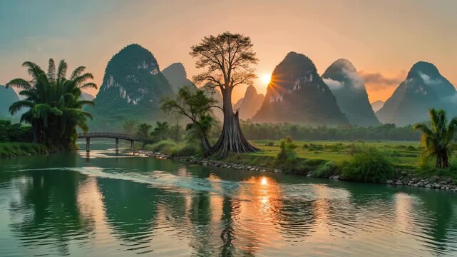 Sunrise scene by the mountains and rivers, beautiful scenery of sunrise by mountains and rivers