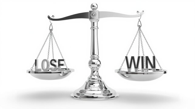 A silver balance scale showing "LOSE" on the left side lower and "WIN" on the right side higher, symbolizing victory outweighing defeat.