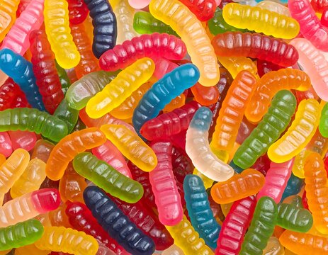 A colorful assortment of gummy worms in various hues and shapes