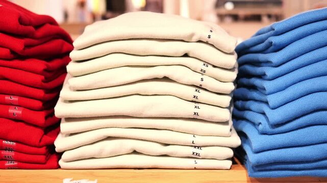 Neatly folded stacks of sweaters in different colors displayed on a wooden shelf