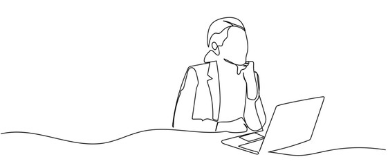 A businesswoman sat with her chin resting on her hand at the table, looking puzzled in front of her laptop. Editable stroke.