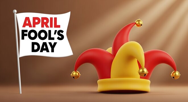 April fool's day celebration with jester hat and flag