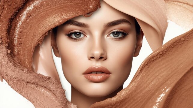 Close-up of a woman's face surrounded by swirls of creamy beige and brown makeup, highlighting flawless skin and neutral-toned cosmetics.