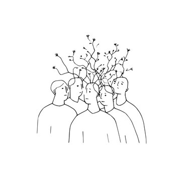 Group of people with thoughts and ideas exploding from their heads in a line drawing style