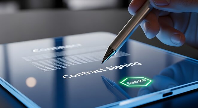 The screen displays a digital contract with the clear text Contract Signing and a glowing green Secure badge