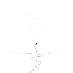 Minimalistic illustration of a lone figure standing on a plain with a flowing line simple black lines on white background evoking contemplation and solitude