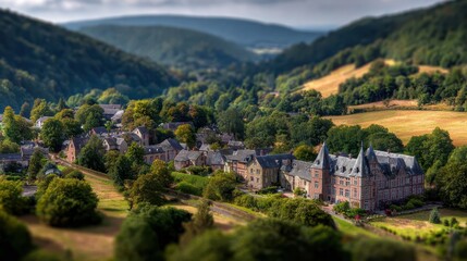 Fototapeta premium Charming European village nestled in a lush green valley with traditional architecture and scenic rolling hills.