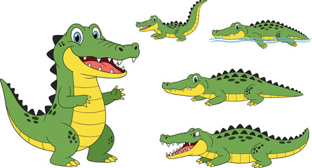Fototapeta premium Vector Illustration Set of Cute Green Crocodile Characters in Various Poses Including Standing Swimming and Walking for Childrens Books Educational Material and Cartoon Mascot Design