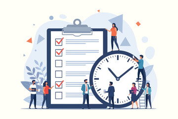 Obraz premium Team completing a checklist with a clock illustrating project management and timelines