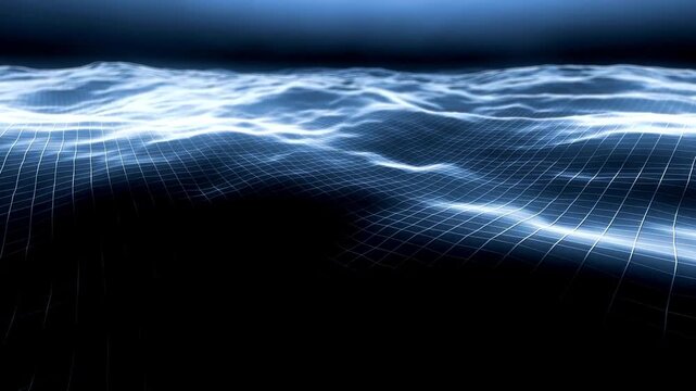 Flowing blue Plexus terrain waves. Grid, mesh of dots and lines. Abstract blue grid cyberspace motion background. Digital cyberspace of blue moving lines.