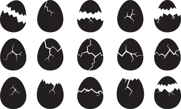 Cracked black eggs on white background in various stages