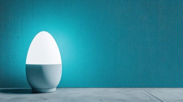 Glowing egg shaped light resting on textured surface against teal backdrop