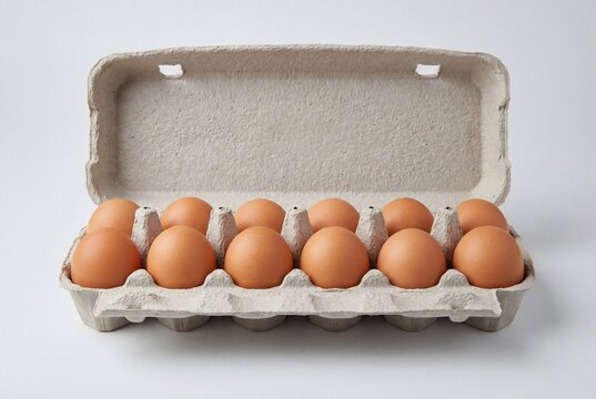 Full carton of brown eggs in an open grey paper box