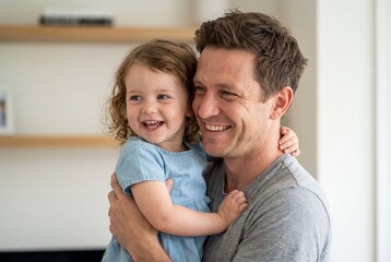 Fototapeta premium Smiling caucasian father embracing his adorable young daughter and looking away indoors