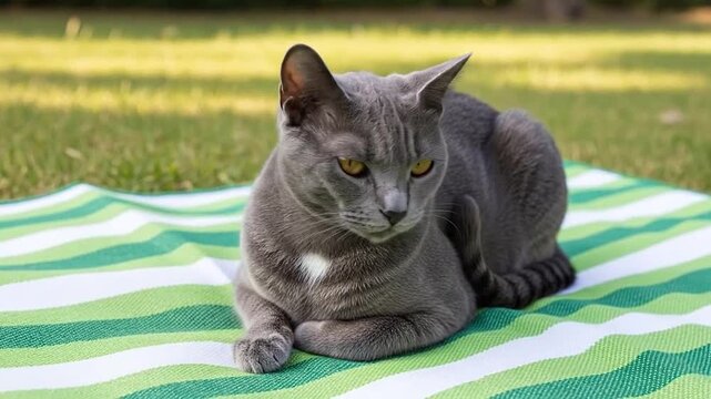 Relaxed gray cat with white patch lying peacefully on a striped picnic blanket in green grass