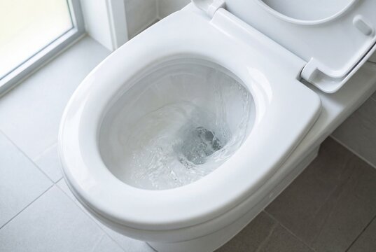 Modern white toilet bowl flushing with water