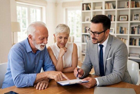 Senior couple consulting with professional financial advisor about retirement plans and documents
