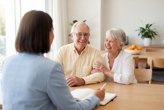 Happy senior couple meeting with financial advisor to discuss retirement plans at bright home table