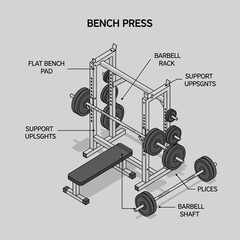 Detailed diagram of a bench press equipment with labeled parts. © Agus