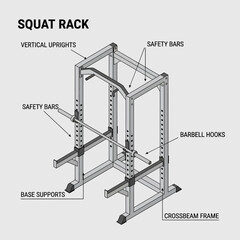 Detailed diagram of a squat rack with labeled components. © Agus