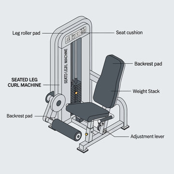 Detailed diagram of a seated leg curl machine with labeled parts.