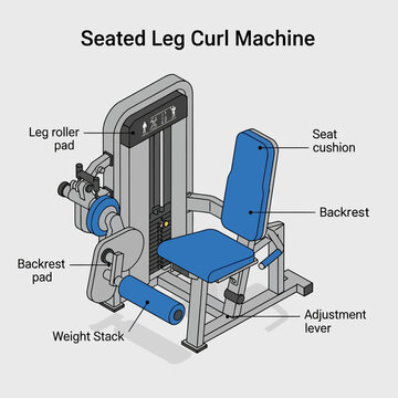 Detailed diagram of a seated leg curl machine with labeled parts.