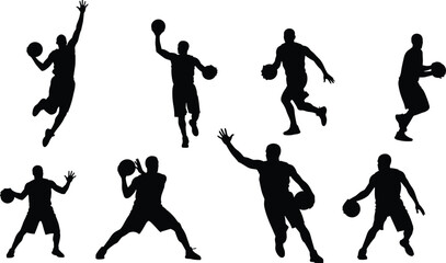 Basketball player silhouettes set, dribbling shooting jumping dunk action poses, isolated athletes collection, sport activity concept, black vector style illustration © MdAnisur