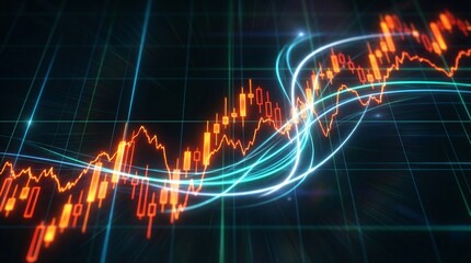Abstract financial data visualization with glowing lines and candlestick charts